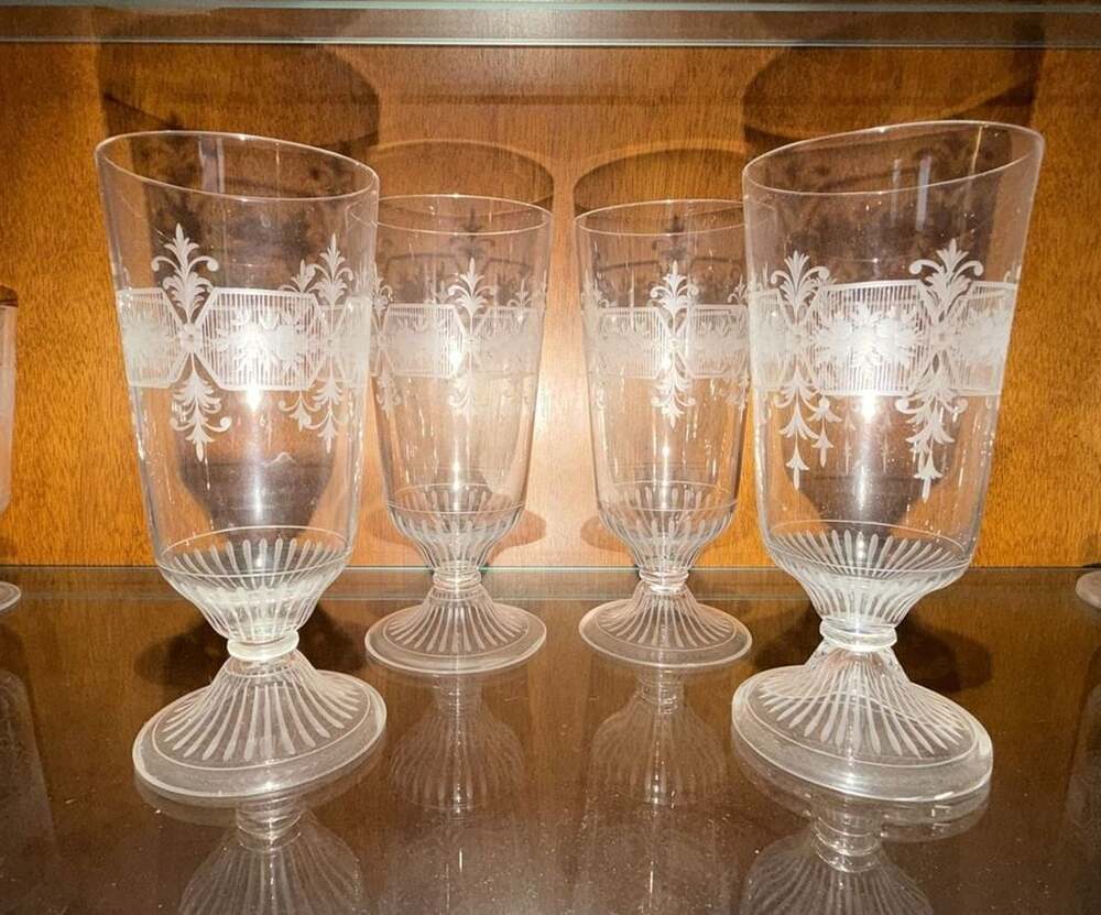 Vintage Etched Glass Footed Tumbler Set